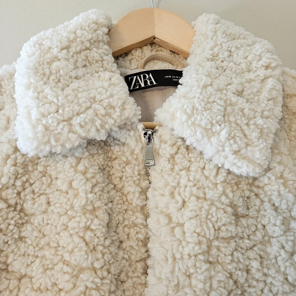Zara Teddy Sherpa Boho Cropped Bomber Contemporary Jacket Cream Size Medium. - Picture 9 of 16